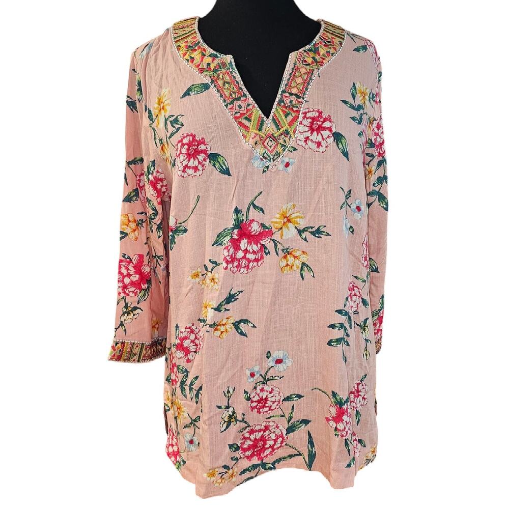 Belle by Kim Gravel Size S Boho Floral Print Blouse with Embroidery Lightweight